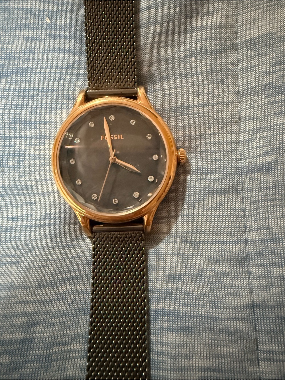 Fossil Gold-Tone Case Black Dial Mesh Strap Watch